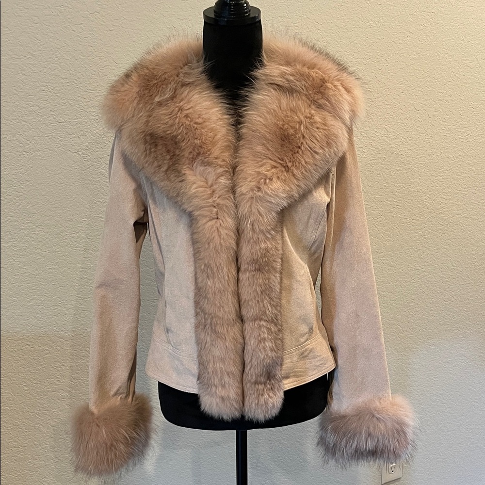 Sheri Bodell Cream Suede Jacket  with Fox Fur Trim